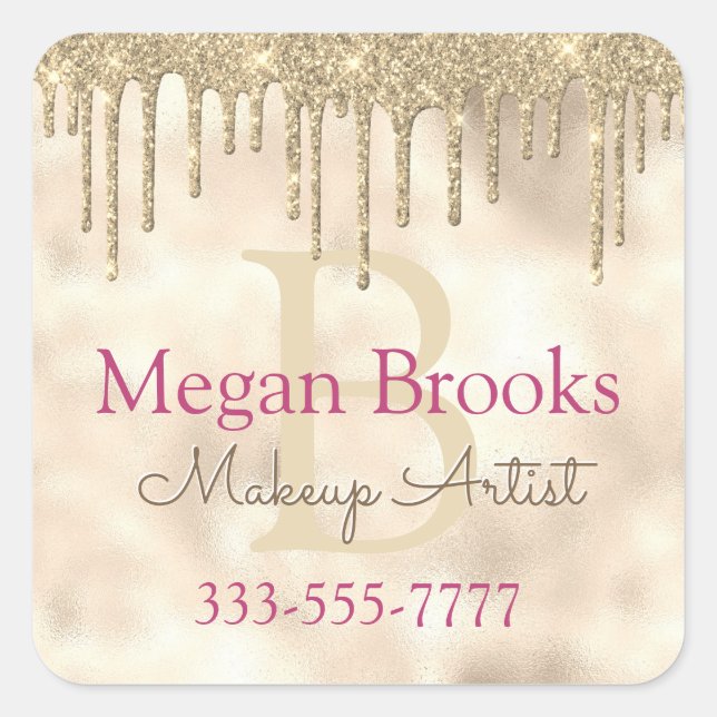 Pegatina Cuadrada Purpurina Gold Drip, Monograma y Ocupación con nom (Anverso)