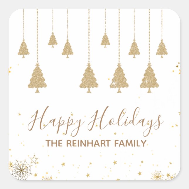 Pegatina Cuadrada Purpurina Gold Elegantes Pegatinas de Navidad (Anverso)