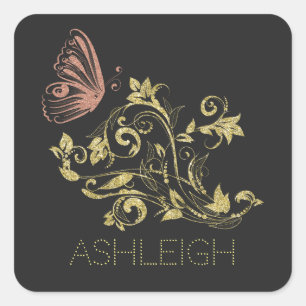 Pegatina Cuadrada Purpurina Gold Flourish Mariposa personalizada