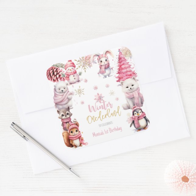 Pegatina Cuadrada Purpurina invierno onederland cumpleaños (Sobre)