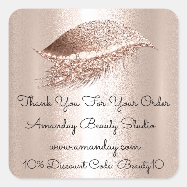 Pegatina Cuadrada Purpurina Lashes Gracias Descuento De Compras (Anverso)