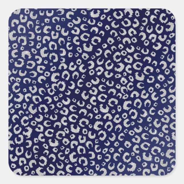 Pegatina Cuadrada Purpurina Leopardo Blue Silver elegante impresión  (Anverso)