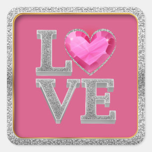 Pegatina Cuadrada Purpurina Love Silver Bling Bling Diva Pink Glam