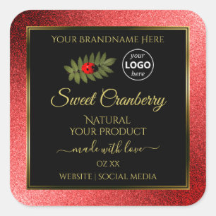 Pegatina Cuadrada Purpurina metálico rojo Etiquetas de producto negr