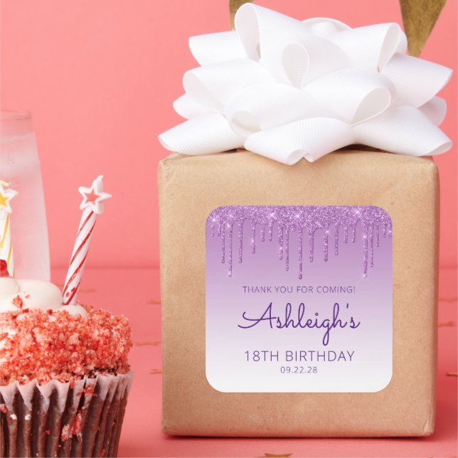 Pegatina Cuadrada Purpurina morado Drip 18th Birthday Party Gracias (Fiesta)