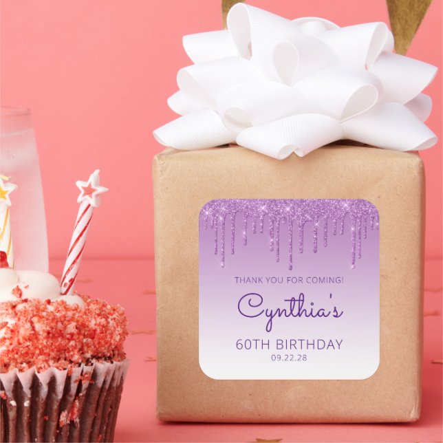 Pegatina Cuadrada Purpurina morado Drip 60th Birthday Party Gracias (Fiesta)