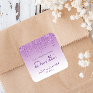 Pegatina Cuadrada Purpurina morado goteo 30 cumpleaños gracias