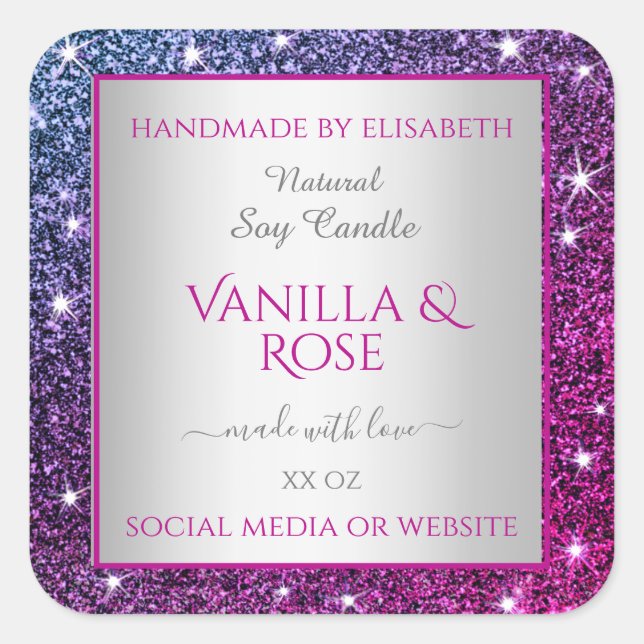 Pegatina Cuadrada Purpurina morado rosado Estrellas de espuma Etique (Anverso)