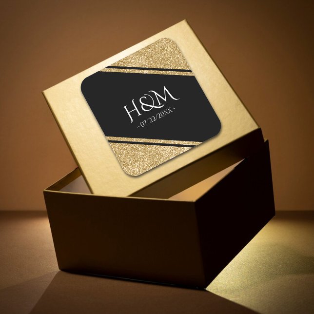 Pegatina Cuadrada Purpurina negro y oro Stripe Wedding Favor (Black & Gold Glitter Stripe Wedding Favor Square Sticker)