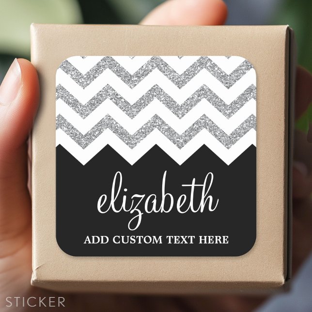 Pegatina Cuadrada Purpurina negro y plateado Imprimir chevron y nomb (Custom Sticker - Personalize with your info for a party favor or gift)