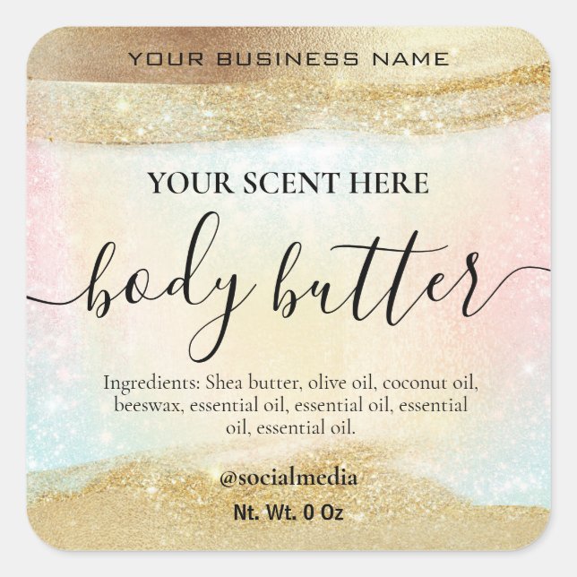 Pegatina Cuadrada Purpurina Pastel Arcoiris Butter Gold Body Butter (Anverso)
