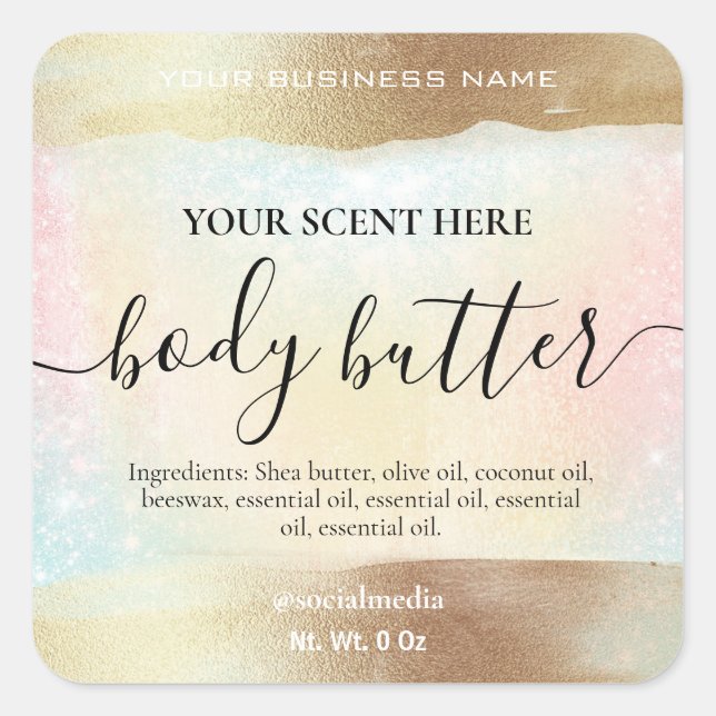 Pegatina Cuadrada Purpurina Pastel Arcoiris Butter Gold Body Butter (Anverso)