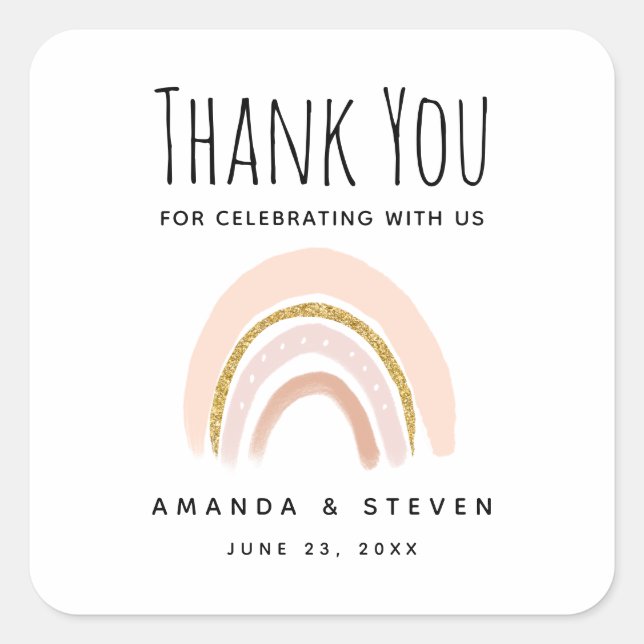 Pegatina Cuadrada Purpurina Pastel Rosa y Faux Boho Boda Arcoiris (Anverso)