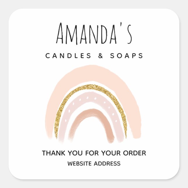 Pegatina Cuadrada Purpurina Pastel Rosa y Faux Boho Rainbow Business (Anverso)