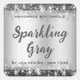 Pegatina Cuadrada Purpurina Plata Estrellas Nombre Personalizado Gri