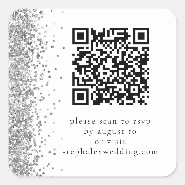Pegatina Cuadrada Purpurina plateado código QR al Boda RSVP (Anverso)