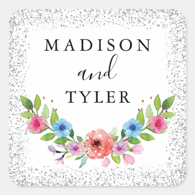 Pegatina Cuadrada Purpurina plateado esparce Wreath acuarela floral (Anverso)
