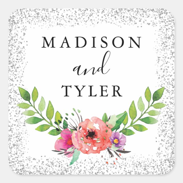 Pegatina Cuadrada Purpurina plateado esparce Wreath acuarela floral