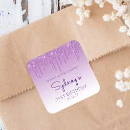 Pegatina Cuadrada Purpurina púrpura goteo 21 cumpleaños gracias