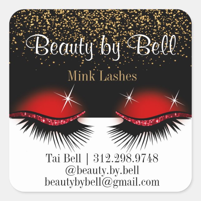 Pegatina Cuadrada Purpurina rojo pestañas (Anverso)