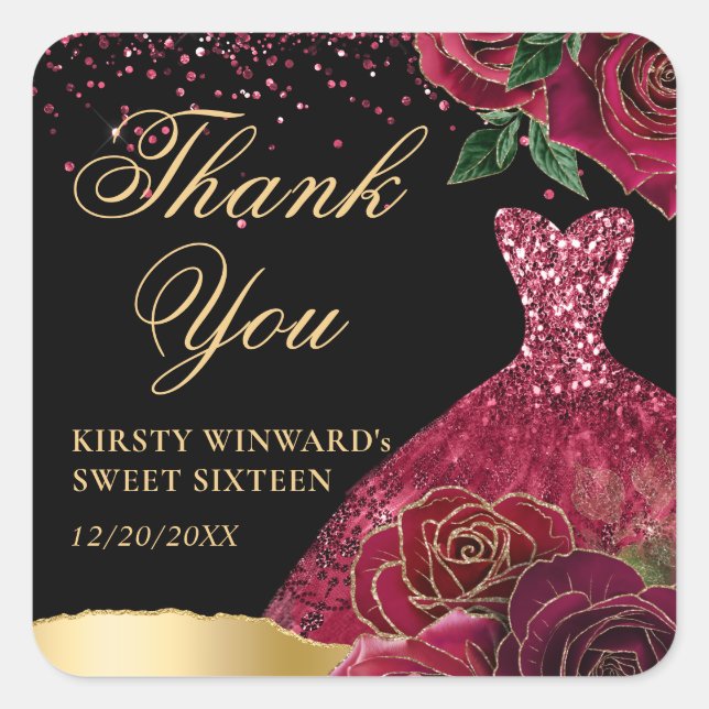 Pegatina Cuadrada Purpurina rojo y oro Vestidos Rosas Glam Dulce 16 (Anverso)