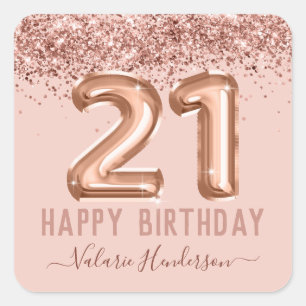 Pegatina Cuadrada Purpurina rosa de guión brillante feliz cumpleañ