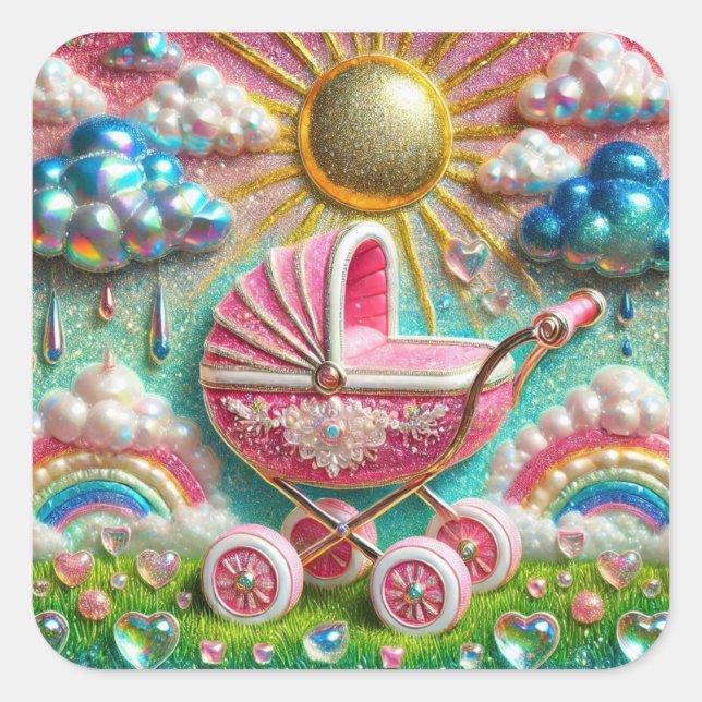 Pegatina Cuadrada Purpurina rosa Pram & Rainbows Baby Shower (Anverso)