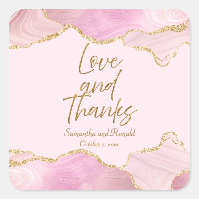 Pegatina Cuadrada Purpurina Rosa y Oro Agate Amor y Gracias Boda (Anverso)