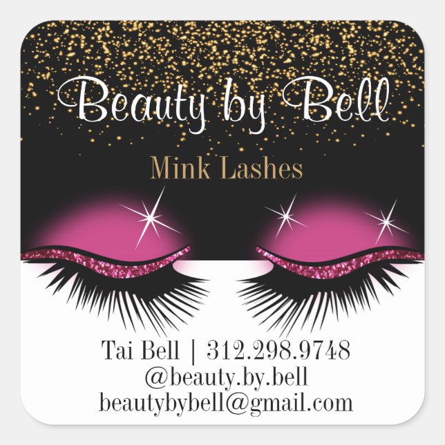Pegatina Cuadrada Purpurina rosado caliente Eyelashes (Anverso)