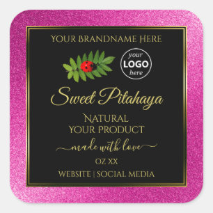 Pegatina Cuadrada Purpurina rosado Etiquetas de producto negras Logo