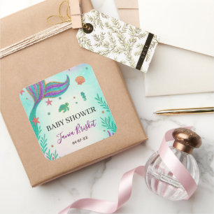 Pegatina Cuadrada Purpurina Turquoise Mermaid Baby Shower