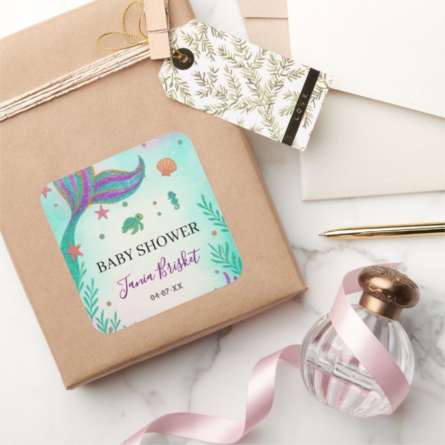 Pegatina Cuadrada Purpurina Turquoise Mermaid Baby Shower (Regalar)
