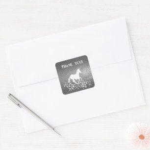 Pegatina Cuadrada Purpurina Unicornio y estrellas gracias Plata