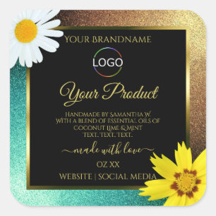 Pegatina Cuadrada Purpurina Verde azulado de oro floral Logotipo de 