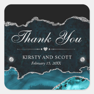 Pegatina Cuadrada Purpurina verde azulado y plateado Boda de mármol