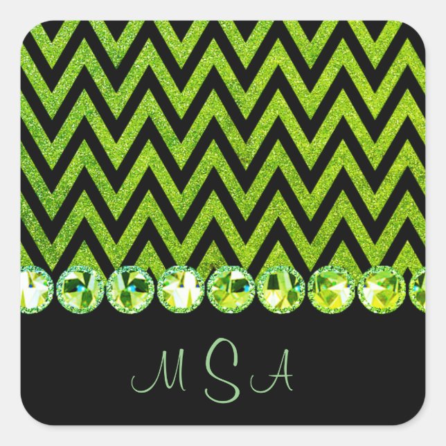Pegatina Cuadrada Purpurina verde bonito Bling Glam Chevron Monogram (Anverso)