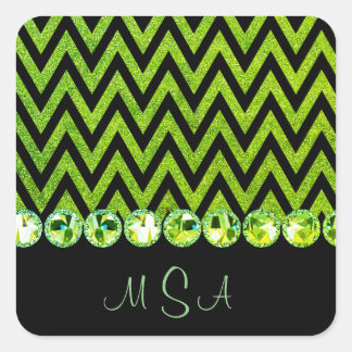 Pegatina Cuadrada Purpurina verde bonito Bling Glam Chevron Monogram
