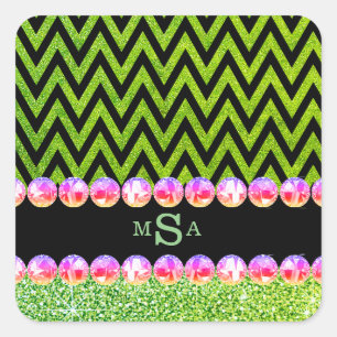 Pegatina Cuadrada Purpurina verde Chevron Pink Bling Monograma Glam