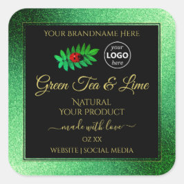 Pegatina Cuadrada Purpurina Verde Etiquetas de productos negras Logo