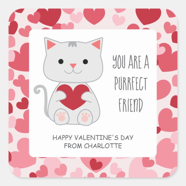 Pegatina Cuadrada Purrfect Friend Cat Classroom Valentine (Anverso)