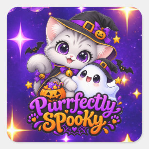 Pegatina Cuadrada Purrfectamente Espeluznante – Gato de Halloween Ad