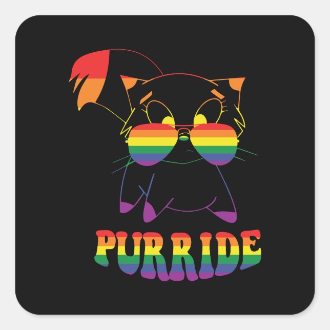Pegatina Cuadrada Purride | Gato gay lindo | Lesbiana | Arcoiris (Anverso)