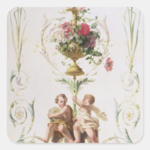 Pegatina Cuadrada Putti en medio de swags de flores y de hojas