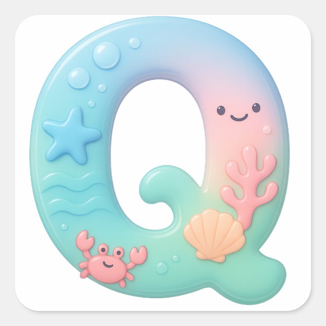 Pegatina Cuadrada "Q" Cute Letter - Underwater Sea Creature (Anverso)