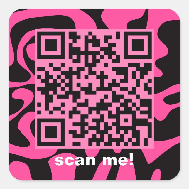 Pegatina Cuadrada QR Code Hot Pink Black Groovy Squiggy Art (Anverso)