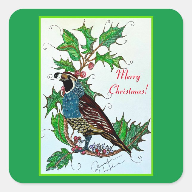 Pegatina Cuadrada Quail in Holly (Anverso)
