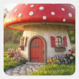 Pegatina Cuadrada Quaint Mushroom Cottage with Polka Dot Roof