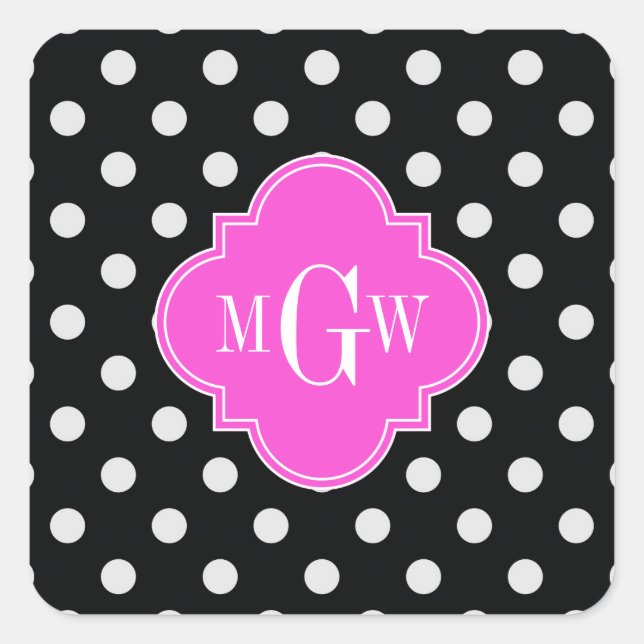 Pegatina Cuadrada Quatrefoil rosa caliente de punto de polka blanco  (Anverso)