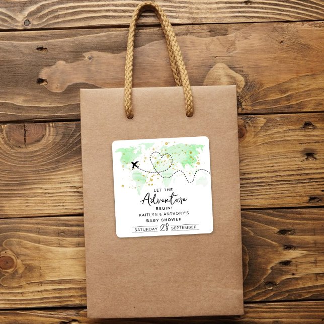 Pegatina Cuadrada "¡Que comience la aventura!" Baby Shower de mapa d (Subido por el creador)