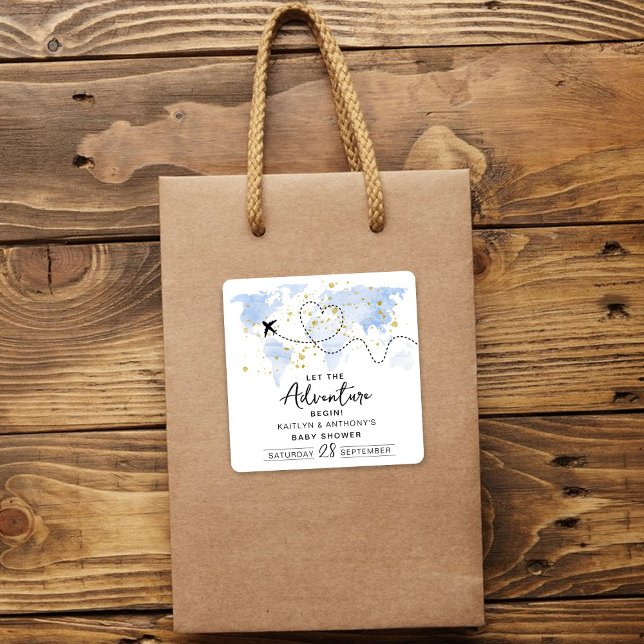 Pegatina Cuadrada "¡Que comience la aventura!" Baby Shower de mapa d (Subido por el creador)